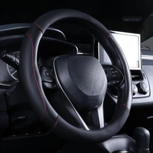 Carbon Fiber Leather Steering Wheel Cover Black - Premium Perforated Leather Sport Wrap with Odorless Rubber Non-Slip Inner, Universal Fit for Cars Trucks SUVS - 15 Inch - color: Black