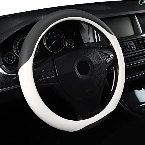 Microfiber Leather 15" Universal Fit Car Steering Wheel Cover, Elastic Nonslip Breathable and Odorless, Grey & White