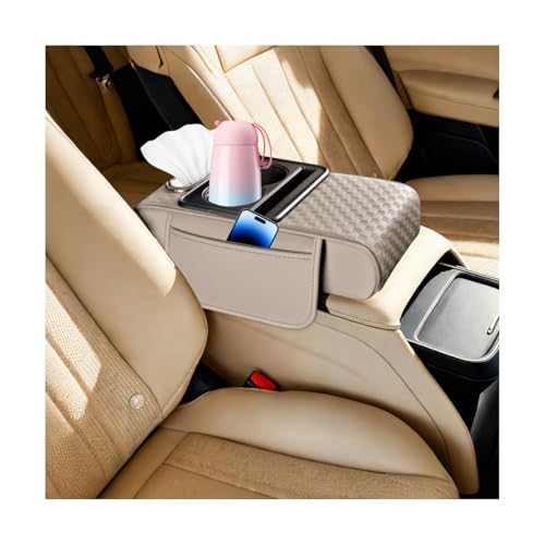 Car Center Console Armrest Pillow, 5-in-1 Armrest Box Cover with Cup Phone Holder & Storage Pocket Tissue Box, Multifunctional Auto Middle Console Arm Rest Protector, Universal Fit (White) - color: White