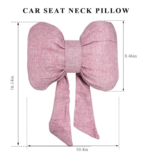 Bow Car Headrest Pillow, Breathable Ergonomic Auto Neck Cushion with Adjustable Strap, Comfy Vehicle Neck Support Pillow Cute Bow Girl-Style Decoration for Driving Seats (Pink)