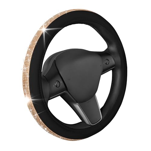 Carbella Leatherette Crystal Bling Steering Wheel Cover for Car SUV, Glitter Sparkle Rhinestone Cute Car Accessories for Women Universal Fit Standard Size (Fits 14.5"-15") - Black w/ Gold Bling - color: Bling Black/Gold