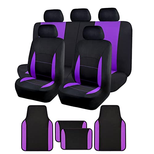Flying Banner Car Seat Covers Front Seats Rear Bench Polyester car seat Protectors Easy installations Rear Bench Split Classic Man Lady Truck (Full Set - Low Back - Combo Pack, Black Purple) - color: SC & Floor Mats Black Purple