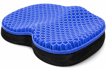 Blue Gel TPU Seat Cushion — Large Contoured Honeycomb Cooling Gel Cushion for Long Sitting, Pressure Relief for Tailbone & Sciatica, Non-Slip Washable Cover — 18.89 x 14.96 in - size: Large