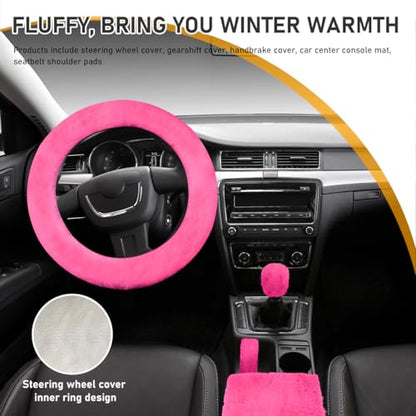 Ohleats 6 PCS Fluffy Steering Wheel Covers Set, 15'' Furry Car Wheel Cover, Soft Gear Shift & Handbrake Cover, Center Console & Seat Belt Shoulder Pads for Women, Car Accessories (Pink) - color: Pink