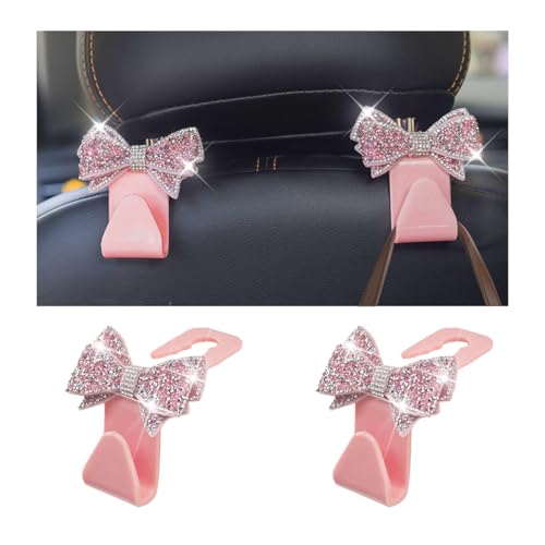 Bling Car Headreat Hook, 2PCS Crystal Rhinestone Cute Bow Vehicle Seat Back Hanger Storage for Purses Bags Grocery, Diamond Auto Rear Seat Organizer, Universal for SUV Truck Sedan (Pink) - style: Pink/2PCS