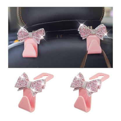 Bling Car Headreat Hook, 2PCS Crystal Rhinestone Cute Bow Vehicle Seat Back Hanger Storage for Purses Bags Grocery, Diamond Auto Rear Seat Organizer, Universal for SUV Truck Sedan (Pink) - style: Pink/2PCS