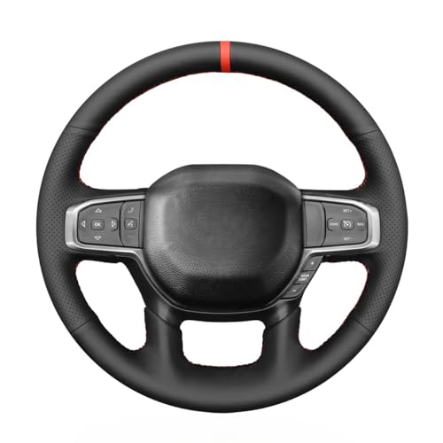 MEWANT Hand Stitch Black Genuine Leather Steering Wheel Cover Wrap for Dodge Ram 1500 Laramie Big Horn 2019-2021 - color: Black Genuine Leather&Red Stripe&Red Thread