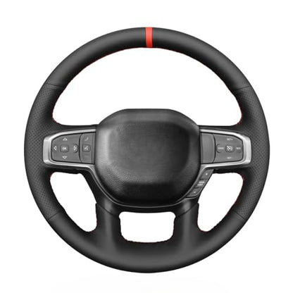 MEWANT DIY Hand Sew Black Artificial Leather Steering Wheel Cover Wrap for Dodge Ram Laramie Big Horn 1500 2019-2021 - color: Black Artificial Leather&Red Stripe&Red Thread