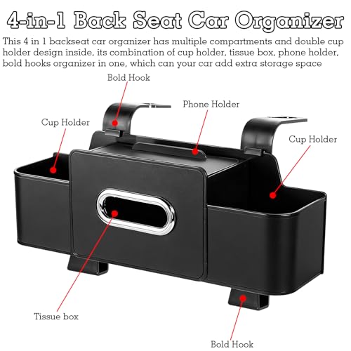 4-in-1 Back Seat Car Organizer, Upgraded Multifunctional Car Storage Box, Hanging Back Seat Storage Organizer, Partition Design, with Phone Holder, Tissue Box, 2 Cup Holders, 2 Hooks