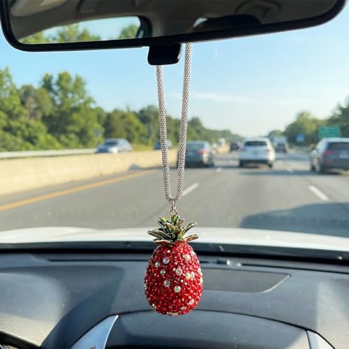 Craedli Bling Pineapple Car Hanging Ornament, Sparkly Rhinestone Automotive Rear View Mirror Charm, Cute Car Mirror Pendant, Universal Vehicle Interior Decorative Accessories for Women (Red) - color: Red