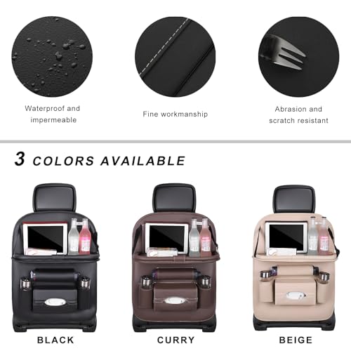 2PCS Car Backseat Organizer, Leather Multi-Pocket Seat Back Protector with Foldable Table Tray, Multifunctional Vehicle Storage Organizer Kick Mat for Kids Toddler Travel (Black)