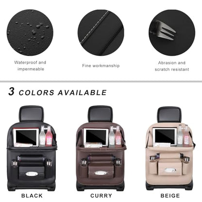 2PCS Car Backseat Organizer, Leather Multi-Pocket Seat Back Protector with Foldable Table Tray, Multifunctional Vehicle Storage Organizer Kick Mat for Kids Toddler Travel (Black)