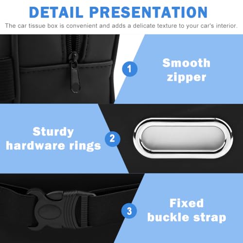 Car Tissue Holder, PU Leather Backseat Rectangle Napkin Organizer Tissue Box Cover Keep Car Tidy, Tissues Dispenser with 4 Hooks for Cars (COLOR:Black)