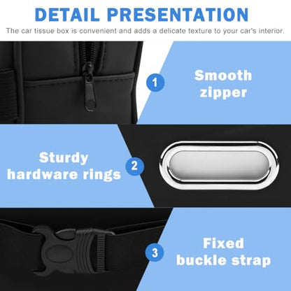 Car Tissue Holder, PU Leather Backseat Rectangle Napkin Organizer Tissue Box Cover Keep Car Tidy, Tissues Dispenser with 4 Hooks for Cars (COLOR:Black)