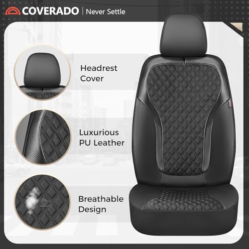 Coverado Seat Covers Full Set, Luxury Leather Car Seat Cover with Carbon Fiber Accents Design, Spill-Proof Durable Black Automotive Seat Covers, Front and Rear Seat Protectors Universal Fit Most Cars - color: Black, size: Full set