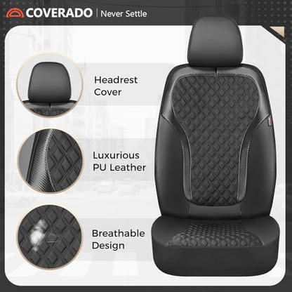 Coverado Seat Covers Full Set, Luxury Leather Car Seat Cover with Carbon Fiber Accents Design, Spill-Proof Durable Black Automotive Seat Covers, Front and Rear Seat Protectors Universal Fit Most Cars - color: Black, size: Full set
