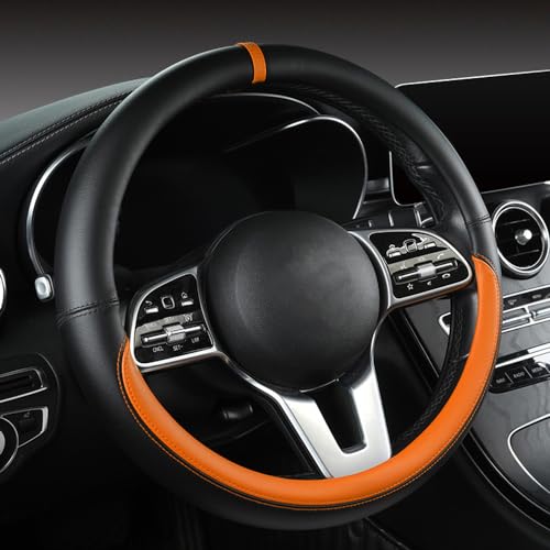 Morandi Color Steering Wheel Cover, Nappa Leather, Fashionable Sporty Style, Universal 15 inches, Black and Orange - color: Black and Orange