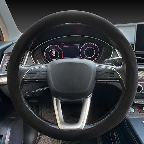 Carodi Suede Steering Wheel Cover ， Non-Slip Leather Car Interior Fitting 15-inch Universal - color: Black