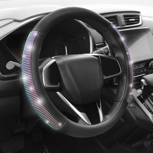 Auto Dynasty Diamond Steering Wheel Cover, Leather Car Steering Wheel Protector with Cystal Diamond Contrast Design, Anti-Slip Inner Rubber Lining, [14 1/2 to 15 Inches] Universal Fit Car Truck SUV - color: Contrast Diamond