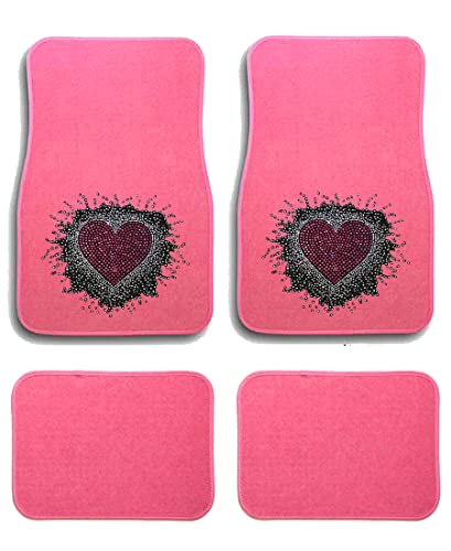 Universal Fit Front/Rear 4-Piece Full Set Sweet Heart Crystal Bling Rhinestone Design Studded Carpet Car SUV Truck Pink Floor Mats - 4 Pcs Set (Sweet Heart-Pink) - color: Sweet Heart-Pink