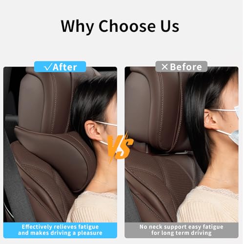Car Headrest Memory Foam Neck Pillow for Driving with Leather Cover Soft Comfortable Seat Head Pillow Cushion for Most Cars SUV Sedan Home Office Brown (2PC)