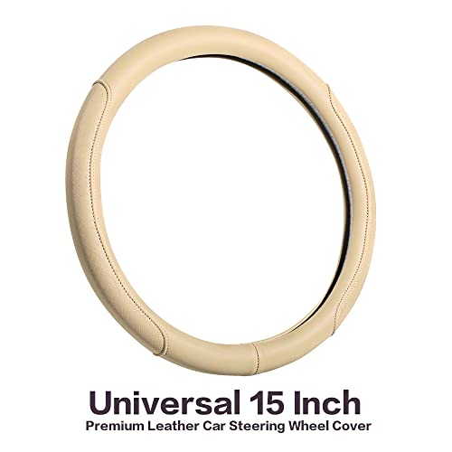 Microfiber Leather Steering Wheel Cover with Classic Embossing, Anti-Slip Breathable Auto Car Wheel Protector, Fit 15 Inch (Beige) - color: Beige