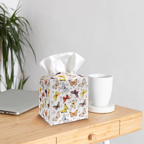 Tissue Box Cover Holder, Colorful Butterfly PU Leather Tissue Box Cover with Bottom Belt, Square Facial Paper Organizer for Tabletop, Bathroom, Kitchen, Car & Office -045 - color: Butterfly