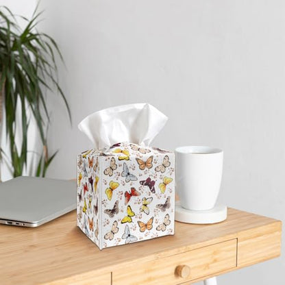 Tissue Box Cover Holder, Colorful Butterfly PU Leather Tissue Box Cover with Bottom Belt, Square Facial Paper Organizer for Tabletop, Bathroom, Kitchen, Car & Office -045 - color: Butterfly