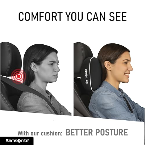 Samsonite Car Neck Pillow, Soft Memory Foam Headrest Pillow for Driving, Ergonomic Car Seat Headrest Cushion with Adjustable Strap, Breathable & Removable Cover, Neck Pain Relief, Black