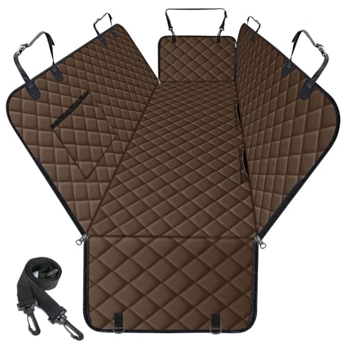 Waterproof Dog Car Seat Cover for Back Seat - Durable, Scratch Proof Pet Hammock with Nonslip Design & Storage Pockets, Fits Cars, SUVs, Trucks - L, Coffee/Black