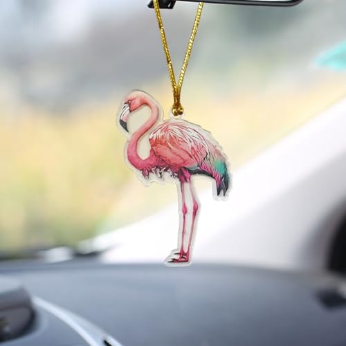 2D Flat Flamingo Car Rear View Mirror Charm, Acrylic Car Rear View Mirror Hanging Ornament, Christmas Tree Decoration Present, Auto Interior Pendant Accessories for Window (Flamingo) - color: Flamingo