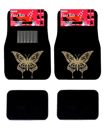 Universal Fit Car Truck Front/Rear 4-Piece Full Set Crystal Bling Rhinestone Design Studded Black Carpet Floor Mats (Gold Butterfly/Black) - color: Gold Butterfly/Black
