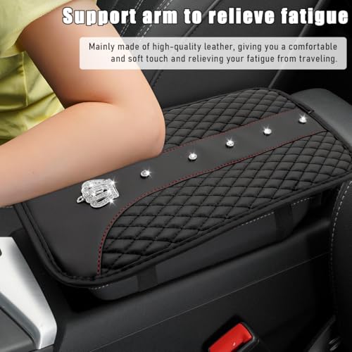 Bling Crown Car Center Console Mats, Anti-Slip and Waterproof Crystal Car Armrest Pad Protector, Universal Rustproof Armrest Decor Cushion for Cars & SUVs, Car Accessories (Black) - color: Black