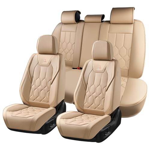 Huidasource Seat Covers Full Set, Universal Fit for Most Cars SUVs Trucks, Full Coverage Leather Automotive Seat Cover, Airbag, Cupholder Compatible, Seat Function Retain, Velcro Adjustable, Beige - color: FS: Beige, size: Full Set