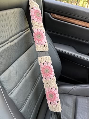 Crochet Sunflower Car Steering Wheel Covers Light Pink Universal 14-15 inch for Women/Men (Wheel Covers+2belt Covers+2Car Coasters+Strawberry) - color: Wheel Covers+2belt Covers+2Car Coasters+Strawberry