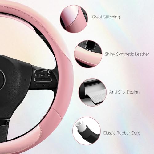 Road Comforts Steering Wheel Cover – Breathable Leather Steering Wheel Cover, Anti-Slip Grip, Universal Fit 14.5” to 15”, Heat & Cold Resistant for Cars, SUVs, and Trucks – Shining Pink & Pink - color: Pink&Pink
