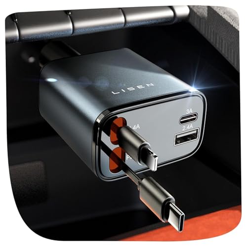 LISEN Retractable Car Charger, 84W Car Charger USB C Fast Charger Adapter for iPhone, Car Accessories for Men Women, Gifts for Fathers Day for Men Dad Husband, for iPhone 17 16 15 14 13 12 11 Samsung - color: Grey