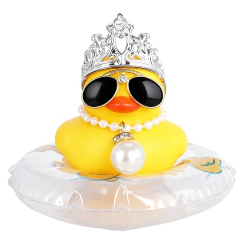 Funny Rubber Duck with Crown, Necklace, Swimming Ring & Sunglasses - Squeaky Mini Ducks Car Dashboard Decorations, DIY Duck Ornament Gift for Stress Relief in Car, Office, Desk, Bedroom - color: Style8