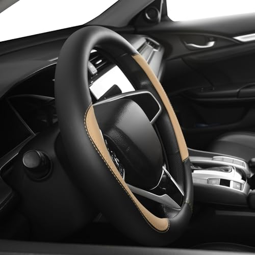 Car Steering Wheel Cover,Microfiber Leather Steering Wheel Cover Universal 15.5-16 inch Large Size for F150 F250 F350 Ram Tacoma 4Runner Tundra Range Rover (Black&Beige) - color: Black&Beige, size: Large Size[15.5"-16"]