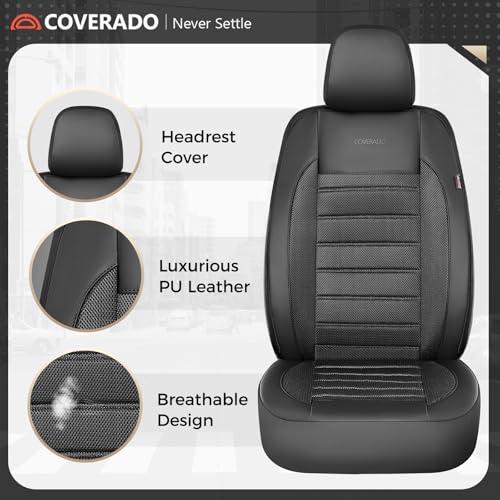 Coverado Car Seat Covers Front Seats Luxury Leather Automotive Mesh 2 Pack Airbag-Compatible Universal Fit Seat Protector Seat Cushion for SUV Sedan Truck Black