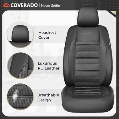 Coverado Car Seat Covers Front Seats Luxury Leather Automotive Mesh 2 Pack Airbag-Compatible Universal Fit Seat Protector Seat Cushion for SUV Sedan Truck Black