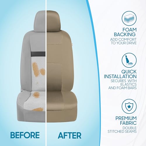 BDK OS-309-AB Tan Trim Black Car Seat Covers Full 9 Piece Set, Sleek & Stylish, Split Option Bench 5 Headrests Front & Rear Bench, Beige - color: Beige