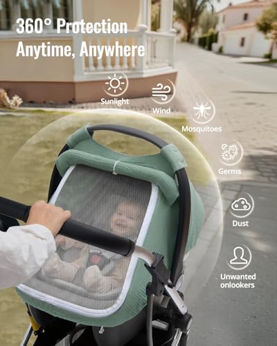 Blissful Diary Baby Car Seat Cover, Extra Large Mesh Window, Breathable Muslin Cotton, Infant Windproof Canopy, Must-Have Baby Gift - Roman Green - color: Roman Green