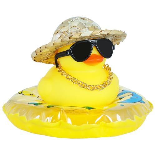 1pcs Funny Rubber Duck with Straw Hat, Gold Necklace, Black Sunglasses & Yellow Swim Ring - Interactive Squeaky Dashboard Decorations Duck for Car - Cool Rubber Duck Accessories for Desk & Home Decor - color: Style14