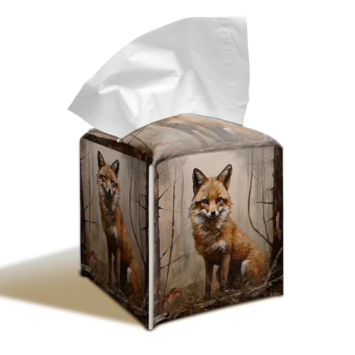 Fox Decor Tissue Box Cover | Vintage Woodland Animals Art for Cottagecore and Forest Theme, Home Desk Decoration - color: Fox