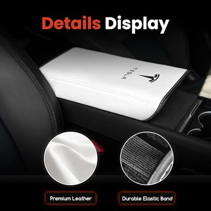 Polwlamks Center Console Armrest Cover for Model Y/Model 3, Soft Leather Pad Armrest Protector Armrest Box Cushion Compatible with New Tesla Refresh Model Y (2020-2026) / Model 3 (2019-2025) - color: White with Patterns
