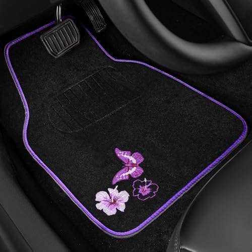 CAR PASS Butterfly Steering Wheel Cover and Waterproof Car Floor Mats,Purple Car Mats 14.5-15inch Steering Wheel Covers Universal Fit for Suvs,Sedans Cars,for Women Girl(Black and Purple) - color: Black and Purple Butterfly