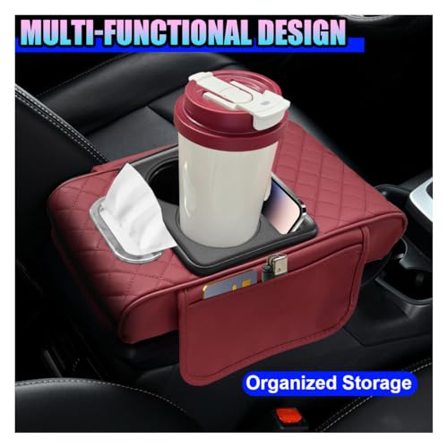 Leather Car Center Console Cover, Universal Automotive Armrest Booster Cushion, Vehicle Middle Console Organizer with 2 Cup Holders, Side Storage Bag, Tissue Box & Phone Slot(Burgundy) - color: Burgundy