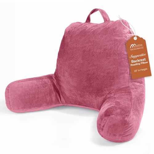 Sasttie Reading Pillow, Velvet Back Pillow for Bed Sitting Up, Adult Back-Rest Support Cushion with Arms for Sit Up on Couch, Sofa, and Floor, Dorm Essentials, Reading Accessories, Rose Pink - color: Rose Pink, size: Standard (18-Inch)