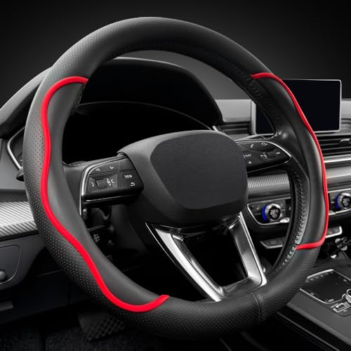 Nappa Leather Steering Wheel Cover. Stylish Striped Design, Universal fit for 14.5–15-inch Steering Wheels, Slip-Resistant and Breathable, Protects the Steering Wheel. Black and red - color: Black and red
